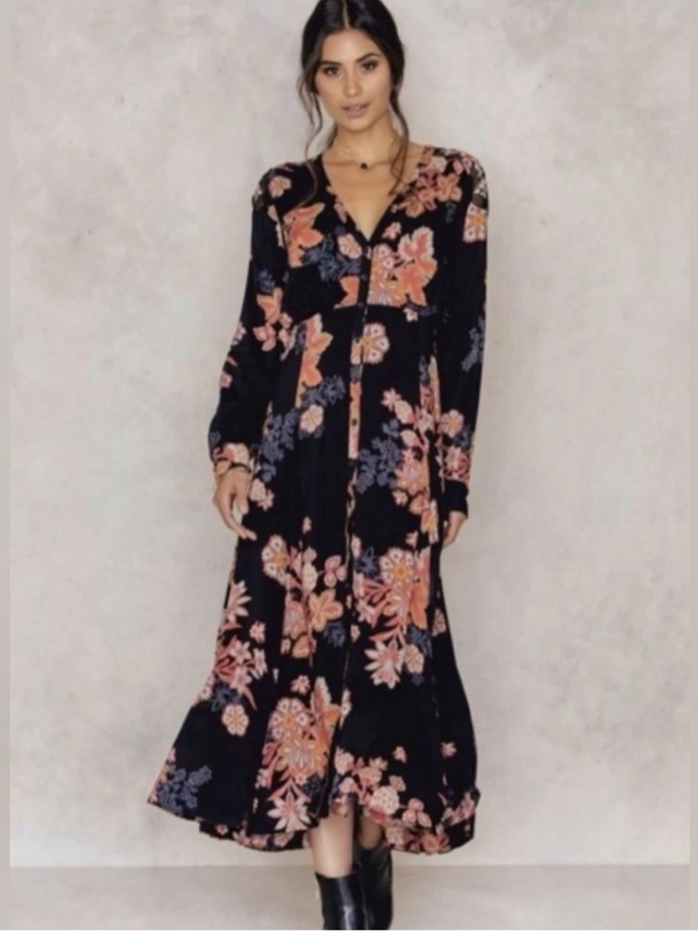 Free People Miranda Long Dress Black Floral Button Up w/ Slit Sz 10